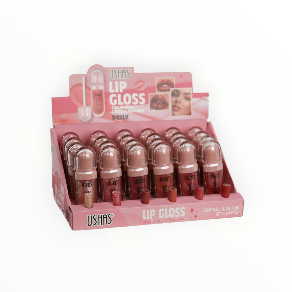 CE Collection counter display box featuring 24 Ushas lip gloss tubes in assorted light shades with colour samples