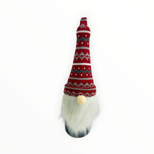 CE Collection wine bottle cover featuring a festive red and grey knitted gnome with a long white beard