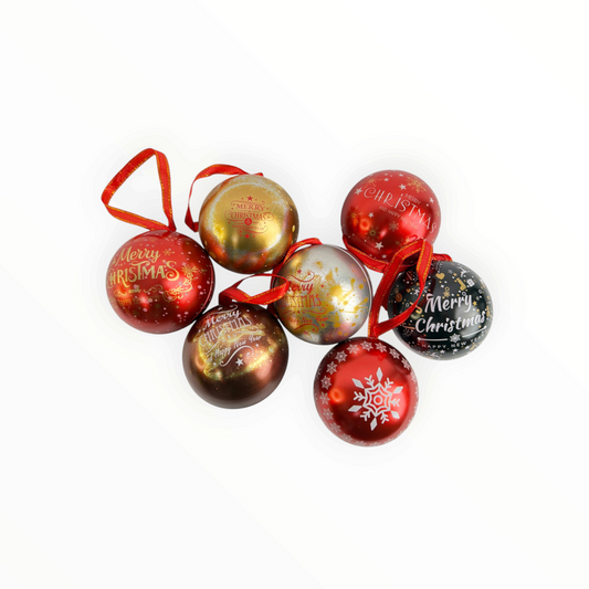 CE Collection set of 12 assorted 6.5cm Christmas baubles in red, gold, silver, and black tin with festive designs.