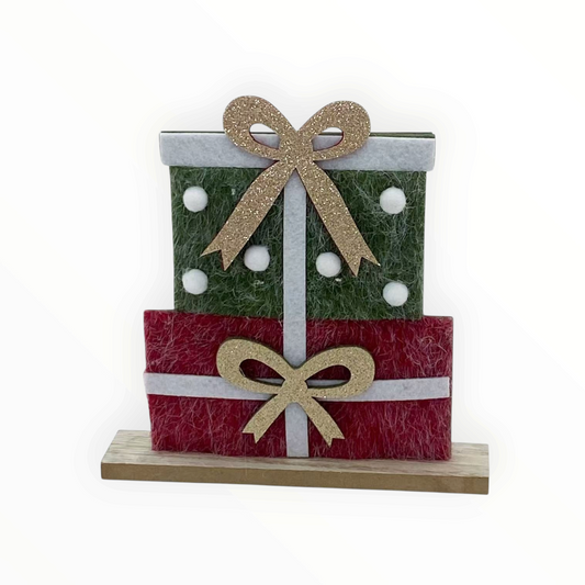 CE Collection Christmas wooden gift box decoration with stacked green and red felt presents and gold glitter bows