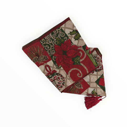 CE Collection Christmas table runner with red poinsettia and ornament pattern, featuring tassel ends, 33 x 180cm