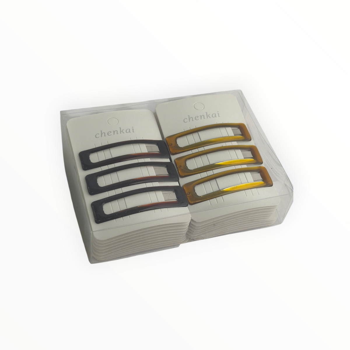CE Collection rectangular hair clips in dark brown and amber tortoise shell patterns, set of 60 pieces in a box.