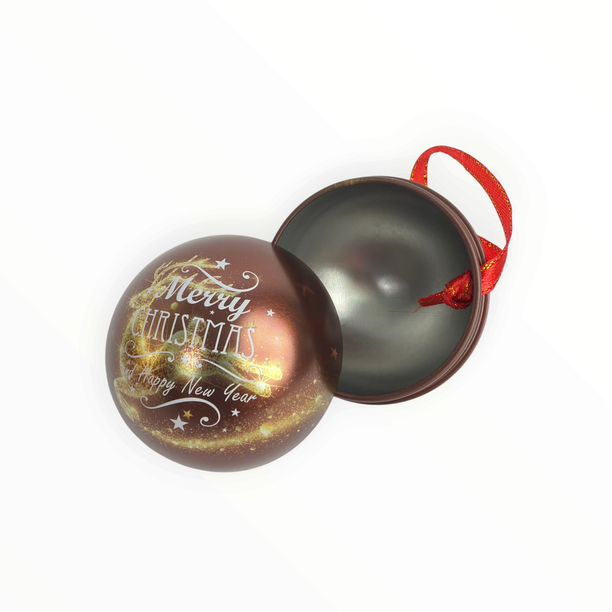 CE Collection 6.5cm brown metal Christmas bauble gift tin with Merry Christmas text and red ribbon hanger