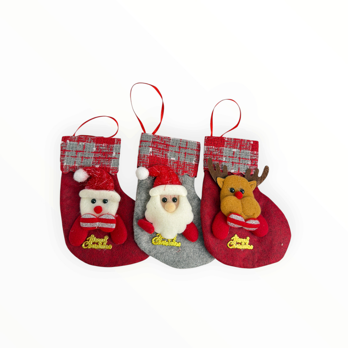 CE Collection set of three small felt Christmas stockings featuring Santa, snowman, and reindeer festive designs.