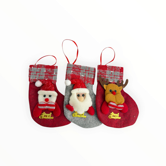 CE Collection set of three small felt Christmas stockings featuring Santa, snowman, and reindeer festive designs.