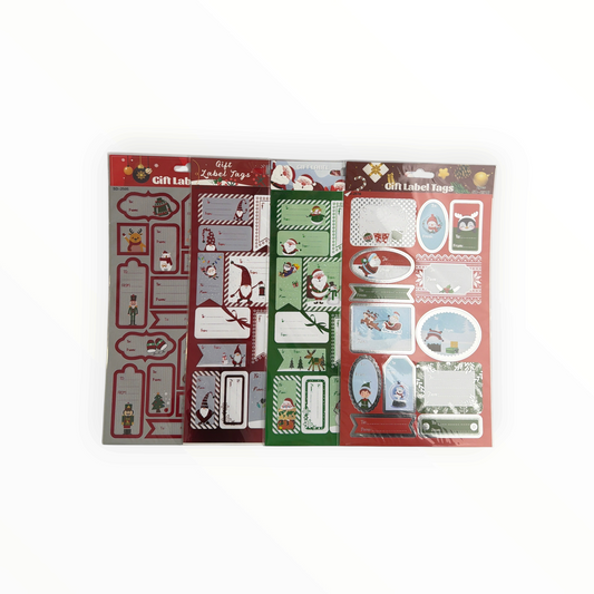 CE Collection Christmas gift labels in 4 assorted festive designs on 2 sheets, featuring Santa, gnomes, and reindeer.