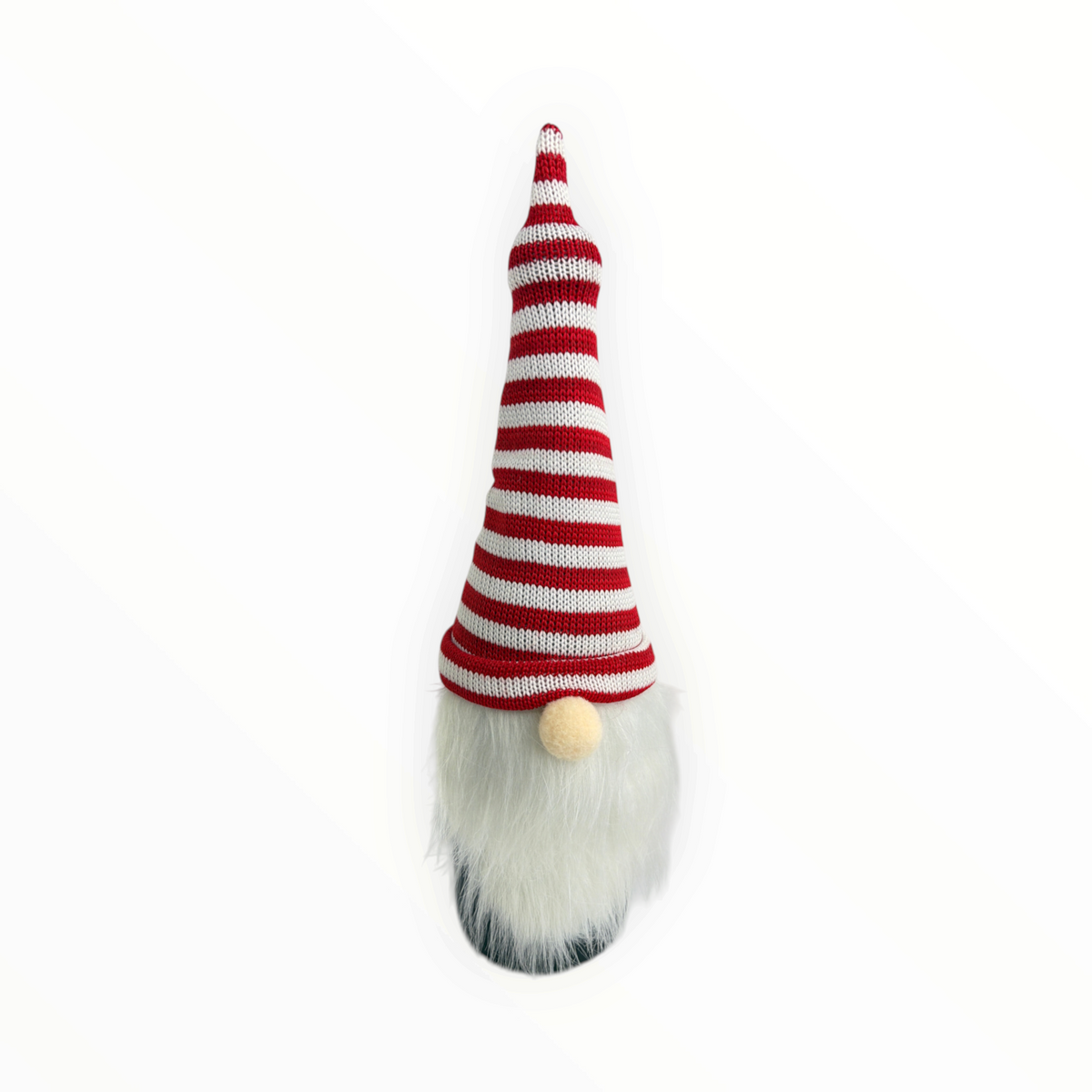 CE Collection gnome wine bottle cover with a red and white striped knit hat and a fluffy white beard