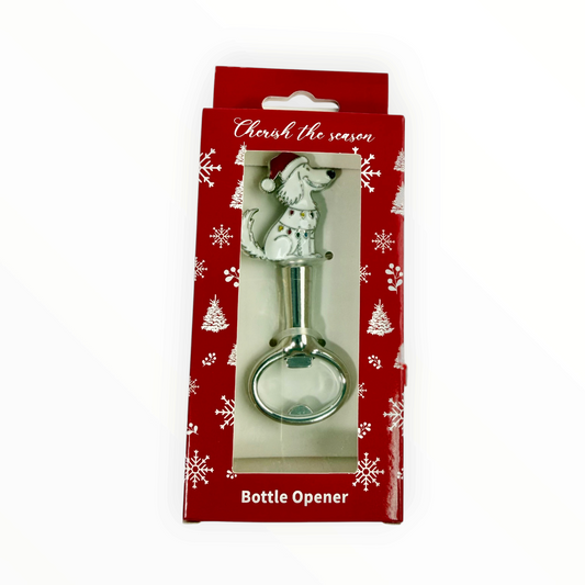 CE Collection Christmas bottle opener featuring a white dog wearing a Santa hat and string lights in red gift box