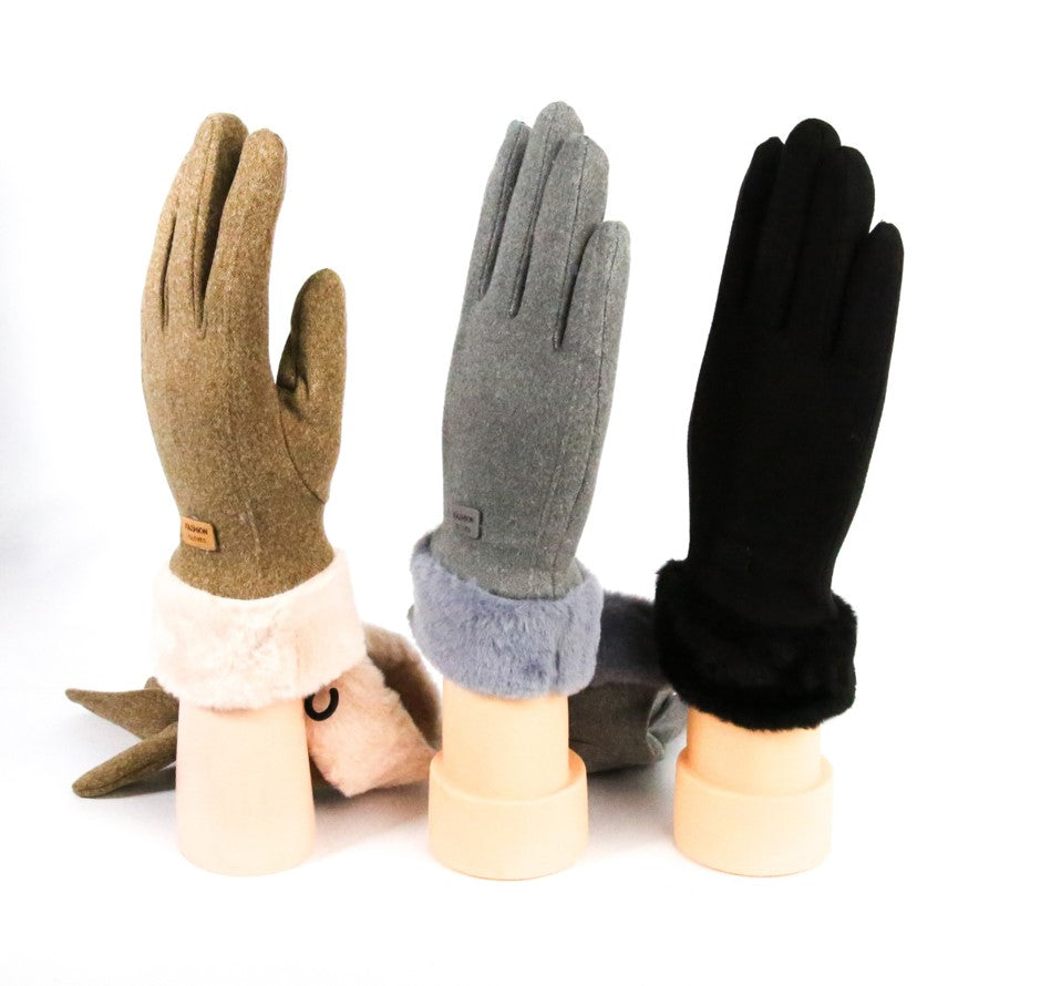 Ladies Fur Gloves with Fur Trim - Black
