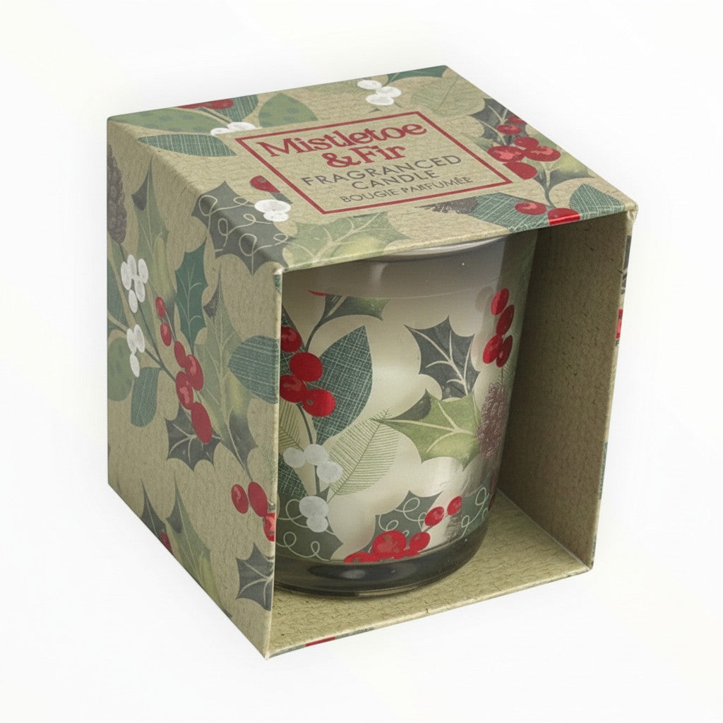 CE Collection Mistletoe & Fir Christmas scented candle in a decorative festive box with holly and berry print.