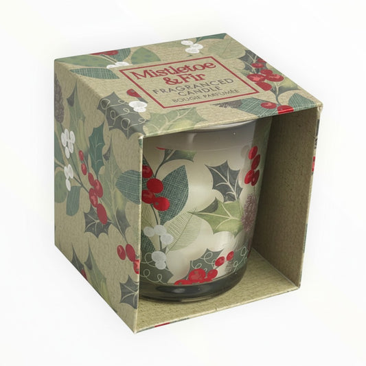 CE Collection Mistletoe & Fir Christmas scented candle in a decorative festive box with holly and berry print.