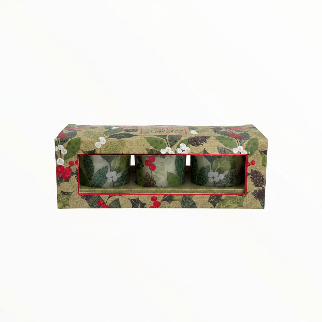 CE Collection Christmas 3-piece votive candle set in a decorative box with holly, berry, and pinecone print.