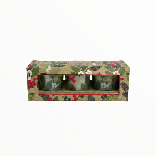 CE Collection Christmas 3-piece votive candle set in a decorative box with holly, berry, and pinecone print.