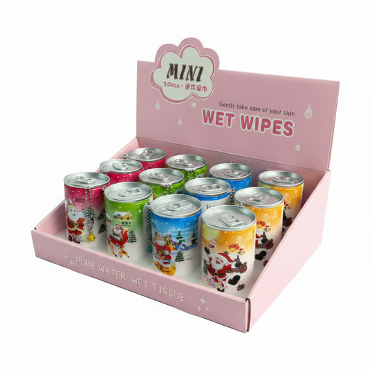 CE Collection Christmas themed mini wet wipes in a display box of 12 colorful soda-can style containers.