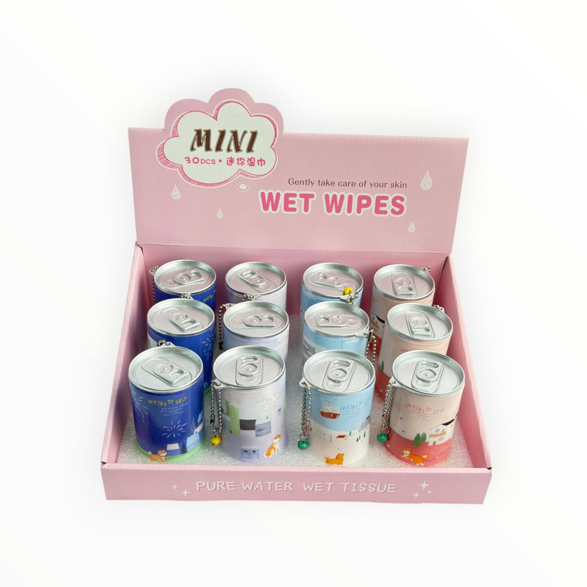 CE Collection CITY DOG wet wipes in a pink display box containing 12 mini metal cans with cute illustrated designs