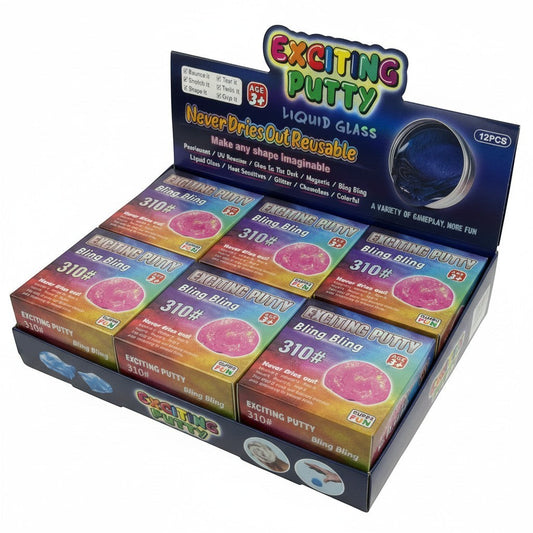 CE Collection Exciting Putty Liquid Glass, 12-piece box. Features include never dries out, bounce, stretch, twist, shape, tear, grip, and glow-in-the-dark.