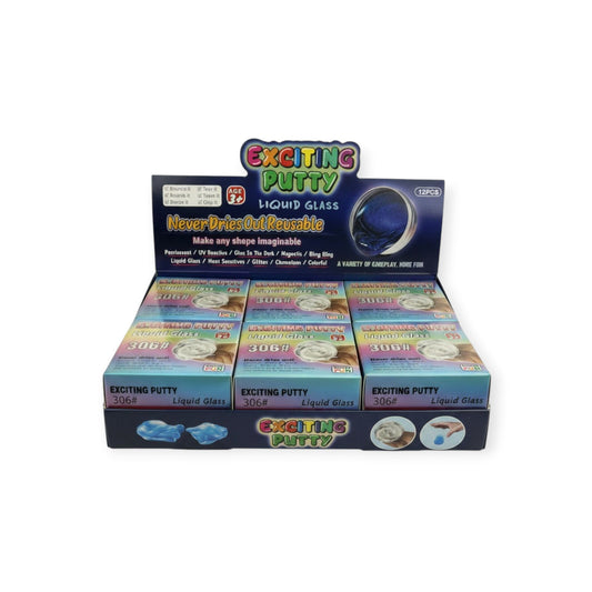 CE Collection Exciting Putty Liquid Glass 306# in a 12-piece display box. Features include never-dries-out, reusable, and metallic color.