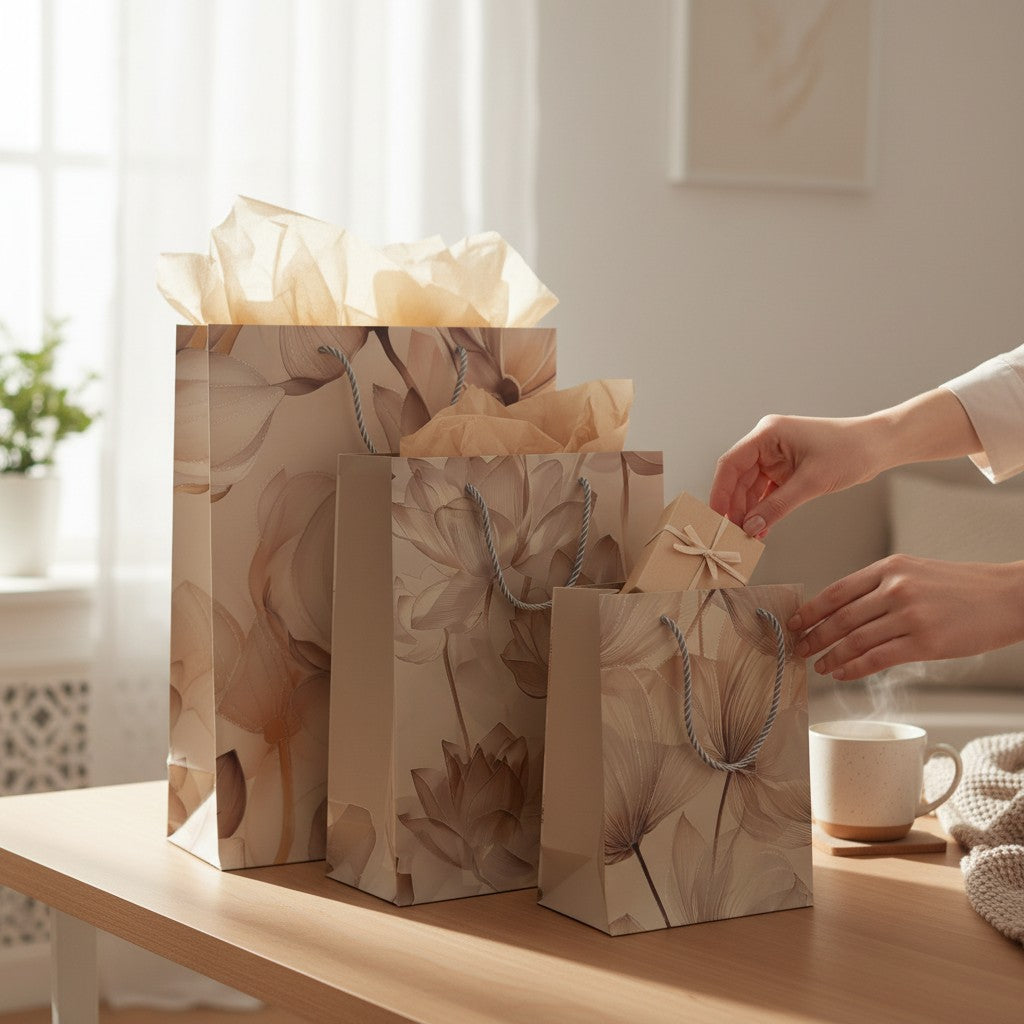 CE Collection white gift bags with floral print, gusseted design, and rope handles, shown with tissue paper.