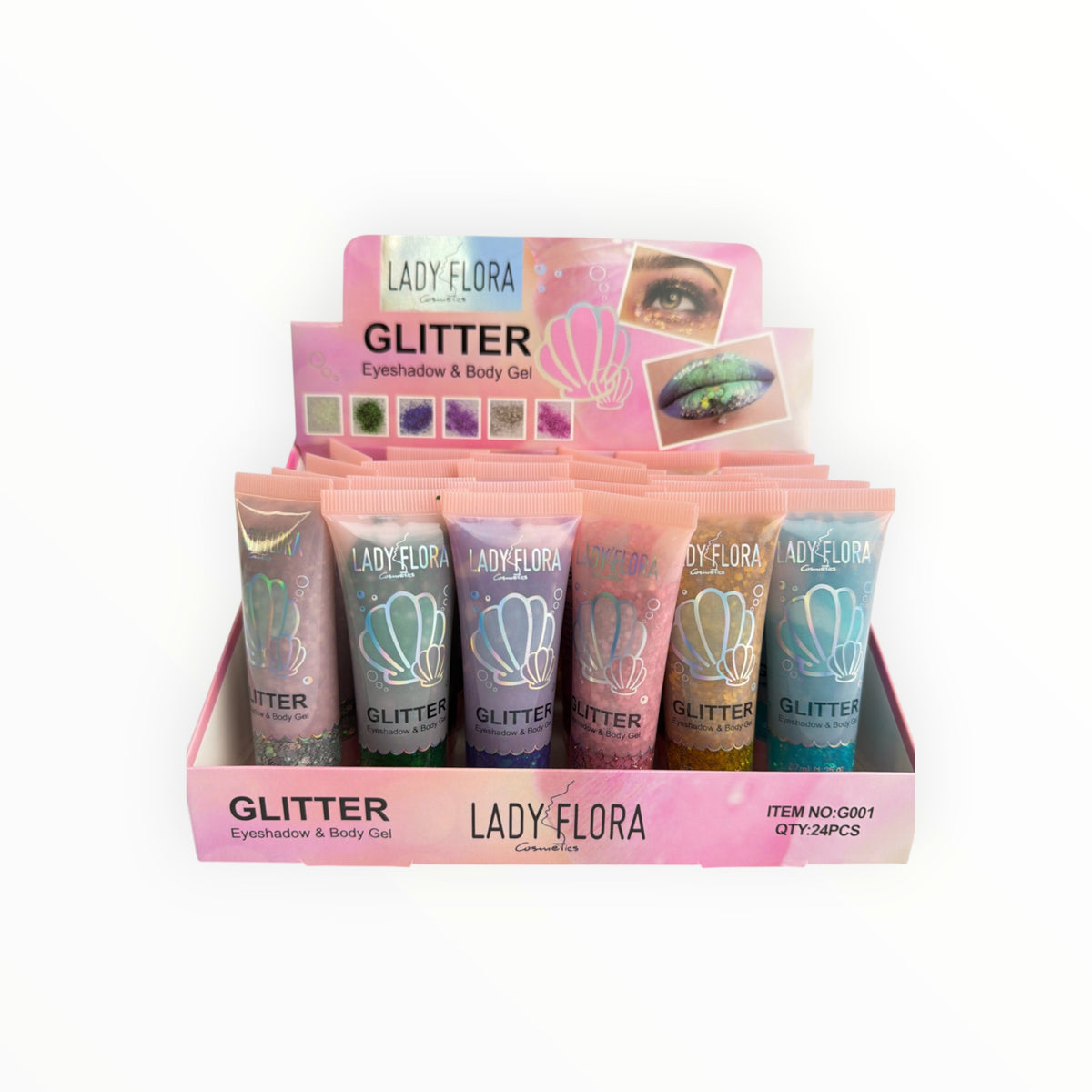 CE Collection glitter eyeshadow and body gel tubes in a 24-piece display box with six assorted vibrant colours.