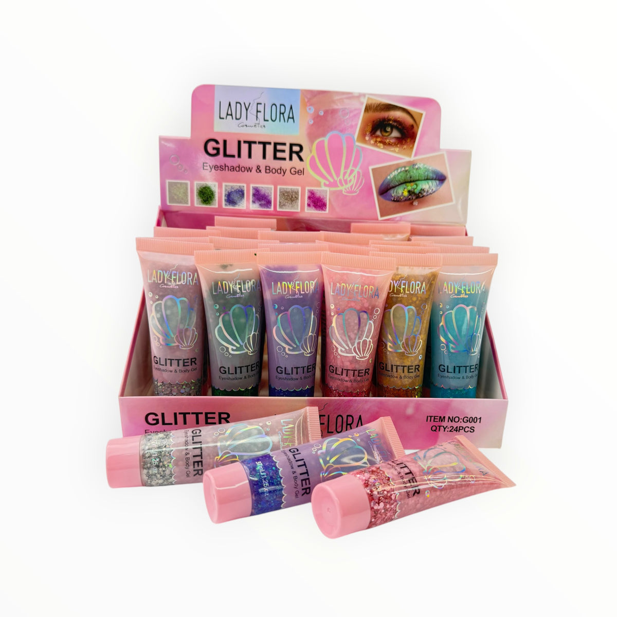 CE Collection glitter eyeshadow and body gel set featuring 24 tubes in 6 assorted colours with seashell branding