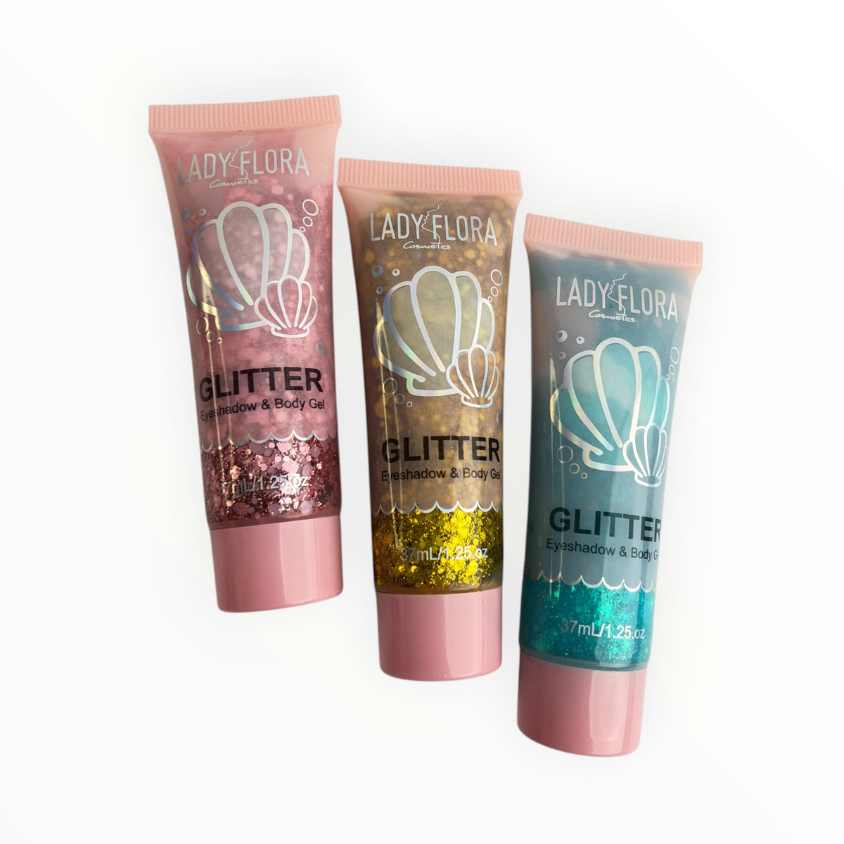 CE Collection Lady Flora glitter eyeshadow and body gel tubes in pink, gold, and teal with shell branding
