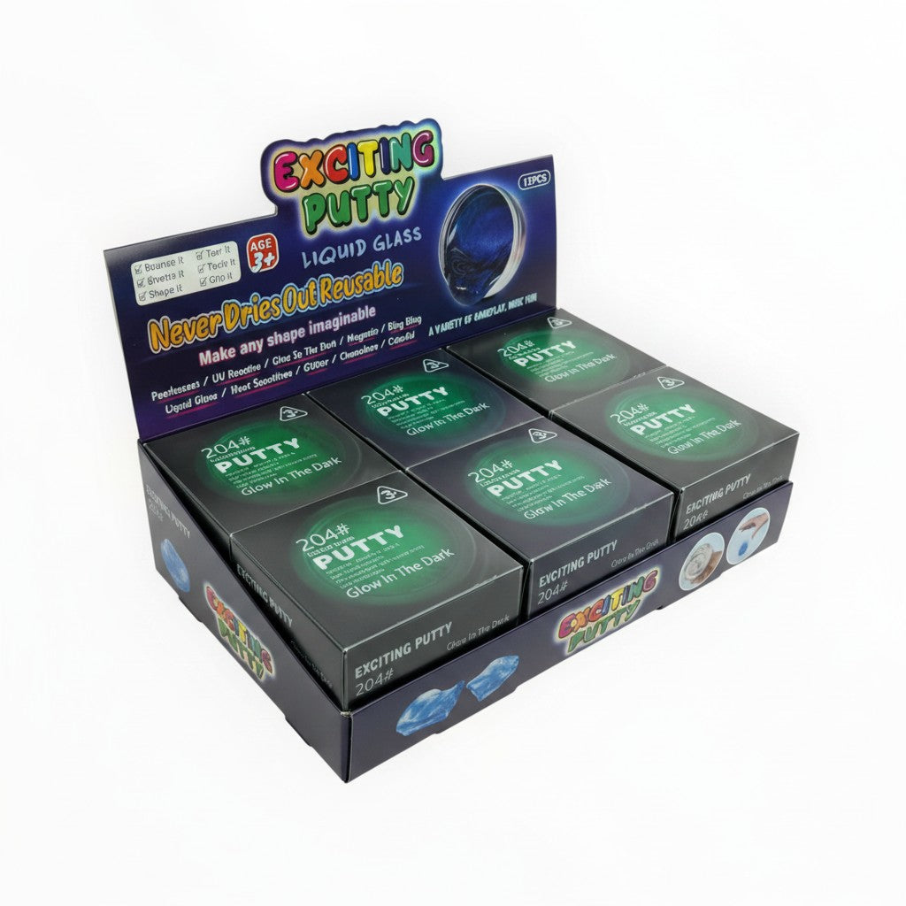 CE Collection display box of 12 tins of blue glow-in-the-dark liquid glass putty that never dries out.
