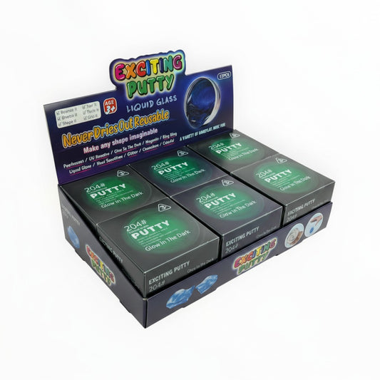 CE Collection display box of 12 tins of blue glow-in-the-dark liquid glass putty that never dries out.