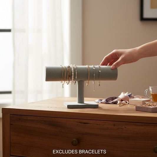 CE Collection grey velvet bracelet stand with T-bar design for jewelry display.