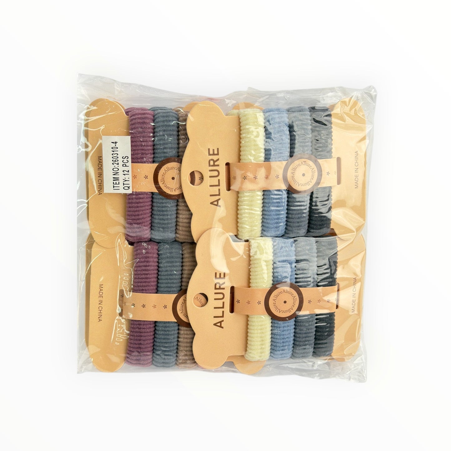 CE Collection 12 pack hair elastics in purple, grey, yellow, blue, and black ribbed fabric.