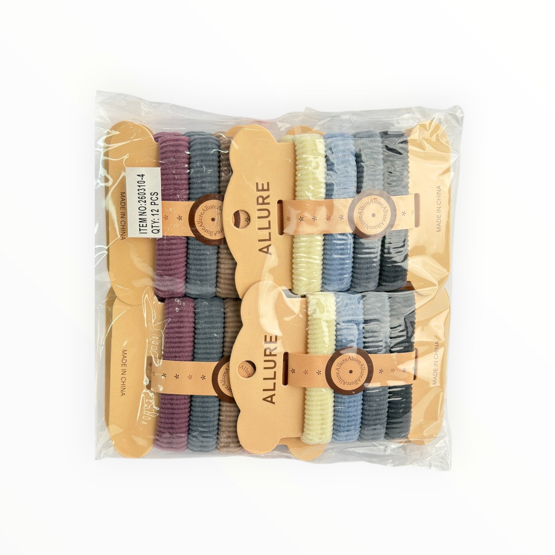 CE Collection 12 pack hair elastics in purple, grey, yellow, blue, and black ribbed fabric.