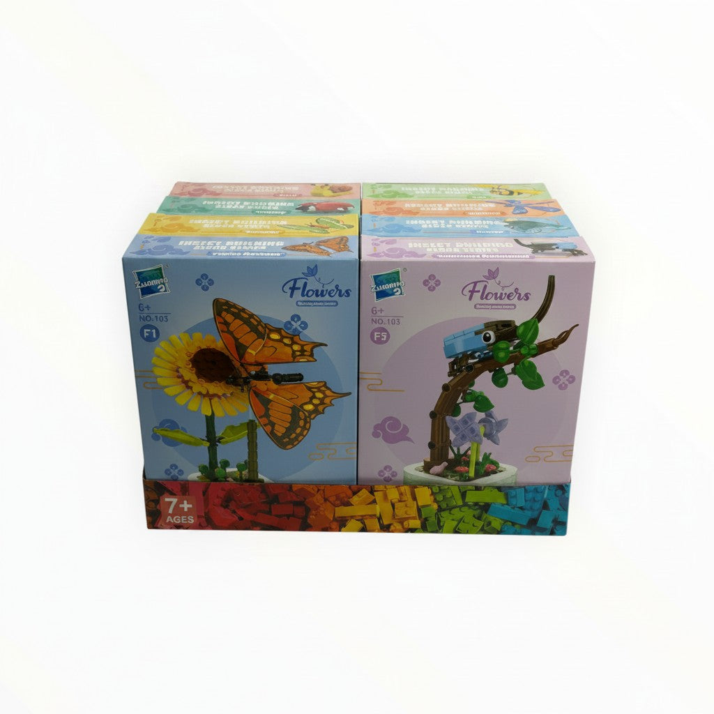 CE Collection insect building block set featuring 8 unique insect and flower models for children aged 6 and up.