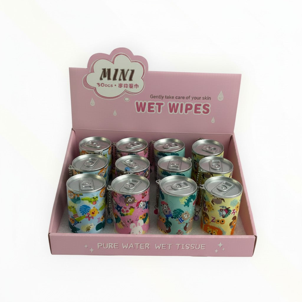 CE Collection box of 12 mini wet wipe canisters featuring colorful jungle animal prints and pull-tab lids.