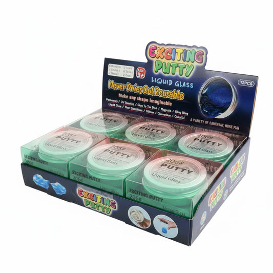 CE Collection Exciting Putty Liquid Glass, 12-piece box of 6 tins, each tin contains blue putty.