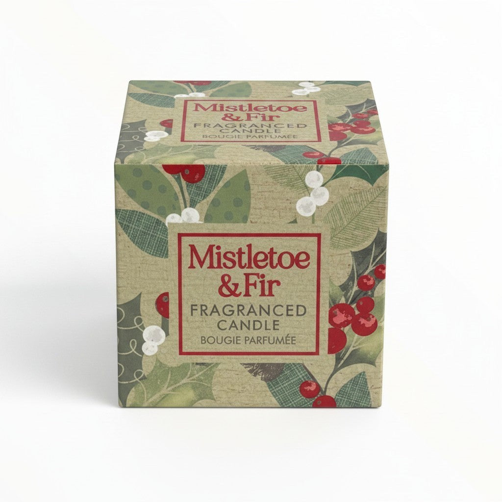 CE Collection Mistletoe & Fir Christmas fragranced candle in a decorative green and red holly patterned gift box.