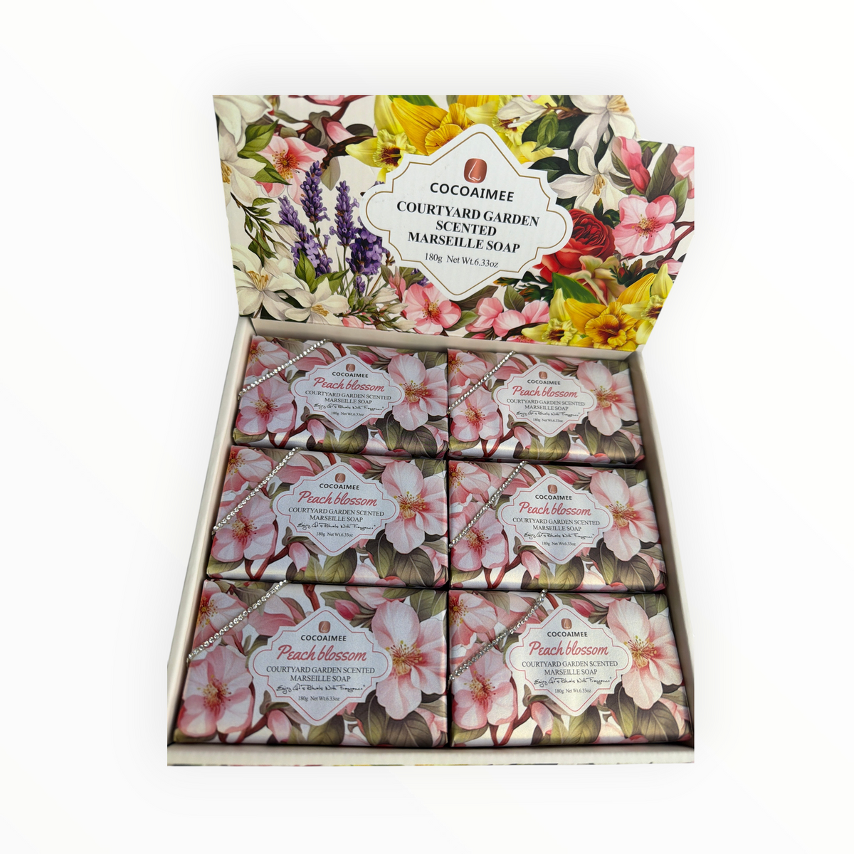 CE Collection box of 12 Peach Blossom scented Marseille soap bars featuring floral packaging and 180g weight.