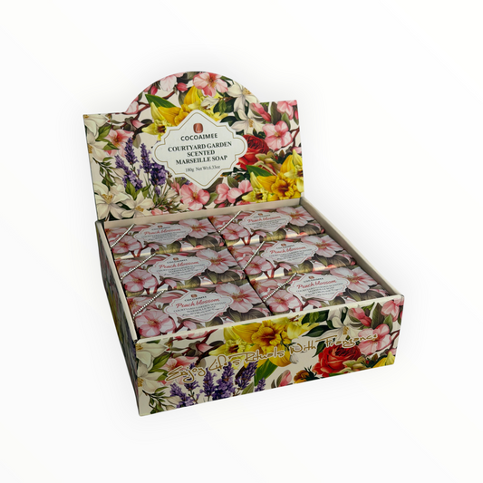 CE Collection box of 12 Peach Blossom scented Marseille soaps featuring floral garden packaging design