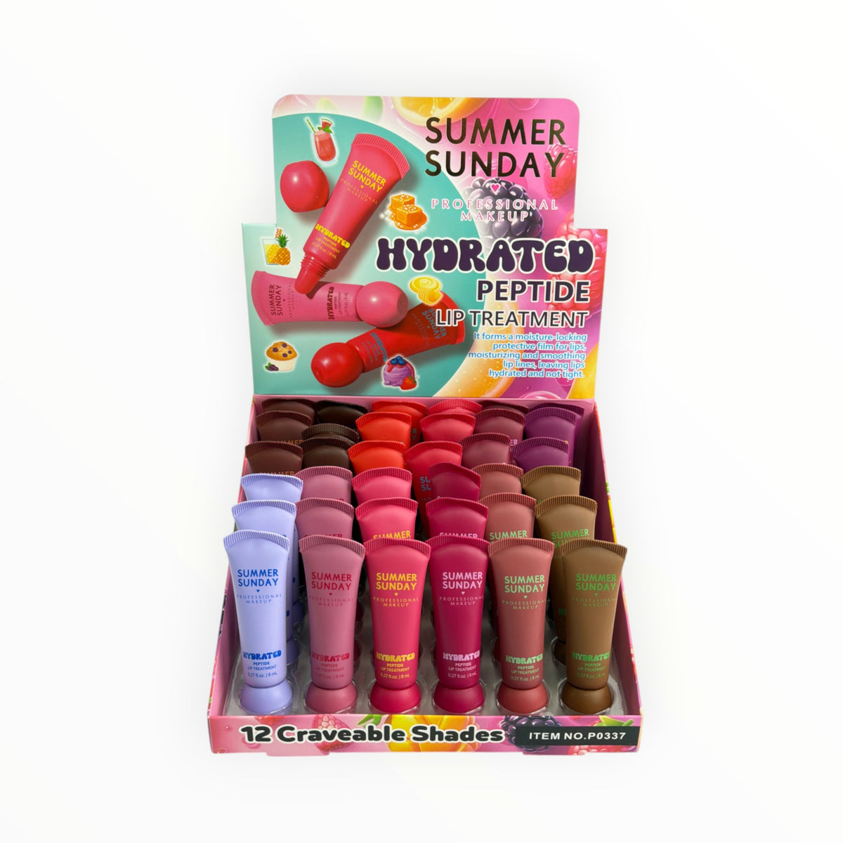 CE Collection hydrating peptide lip treatment display box featuring 12 assorted colorful tubes of flavored lip balm.