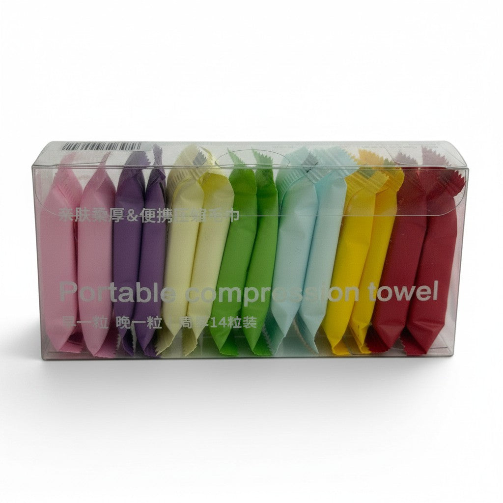 CE Collection portable compression towels, 14 individually wrapped in assorted pastel colors.
