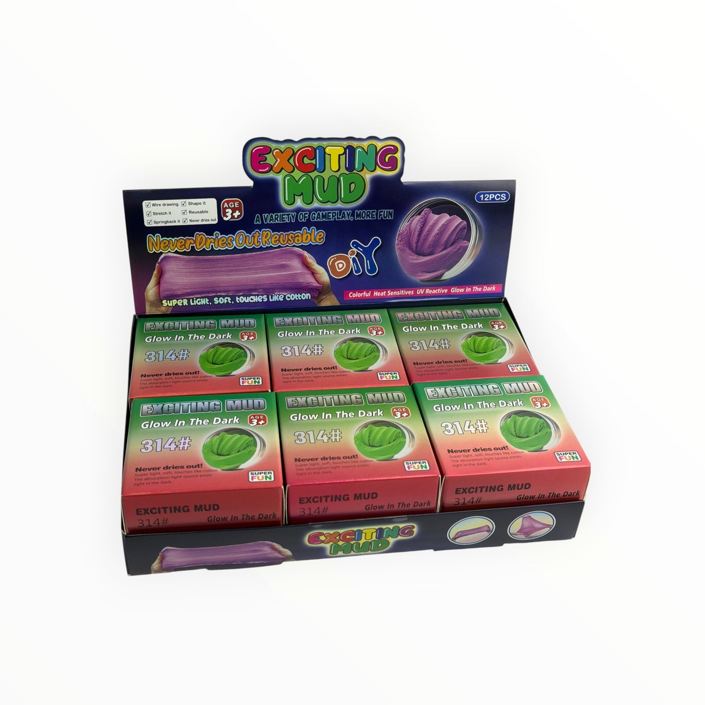 CE Collection Putty in Tin, glow in the dark, purple, 12-piece box, never dries out, reusable, super light, soft, touches like cotton.