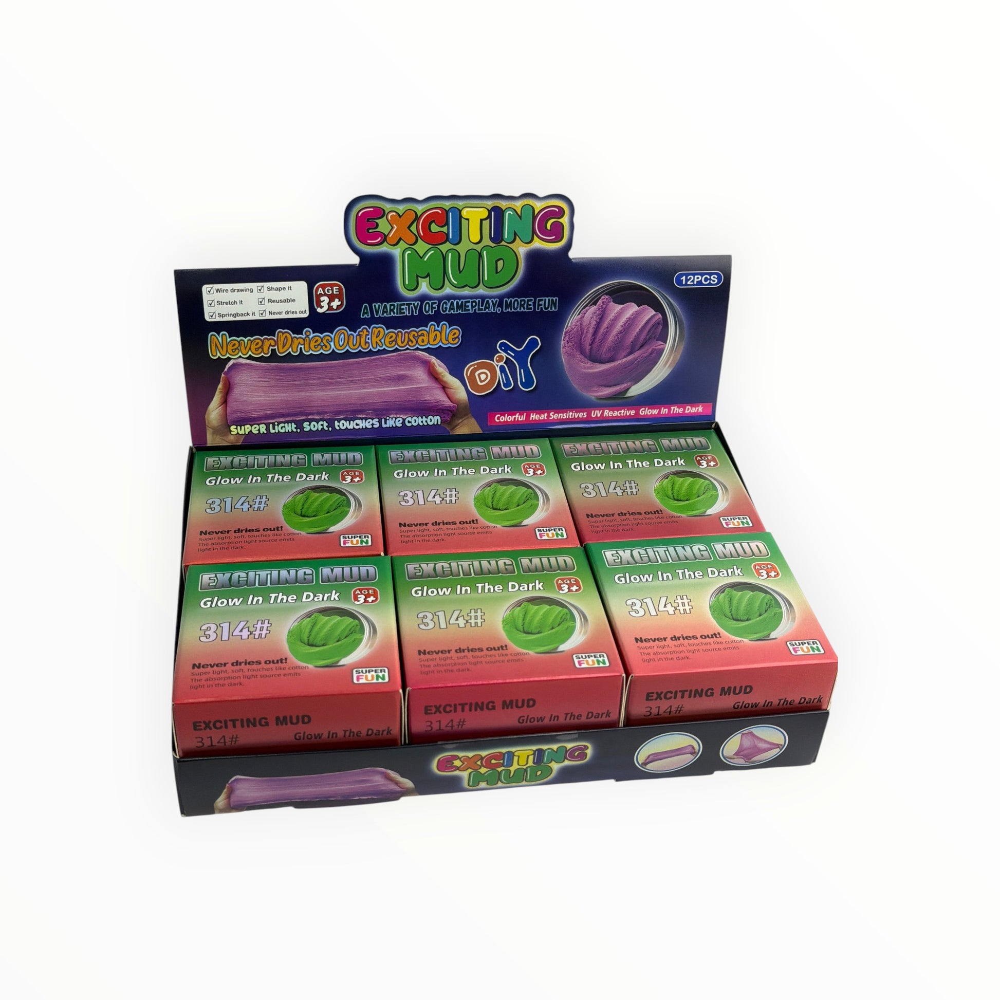 CE Collection Putty in Tin, glow in the dark, purple, 12-piece box, never dries out, reusable, super light, soft, touches like cotton.
