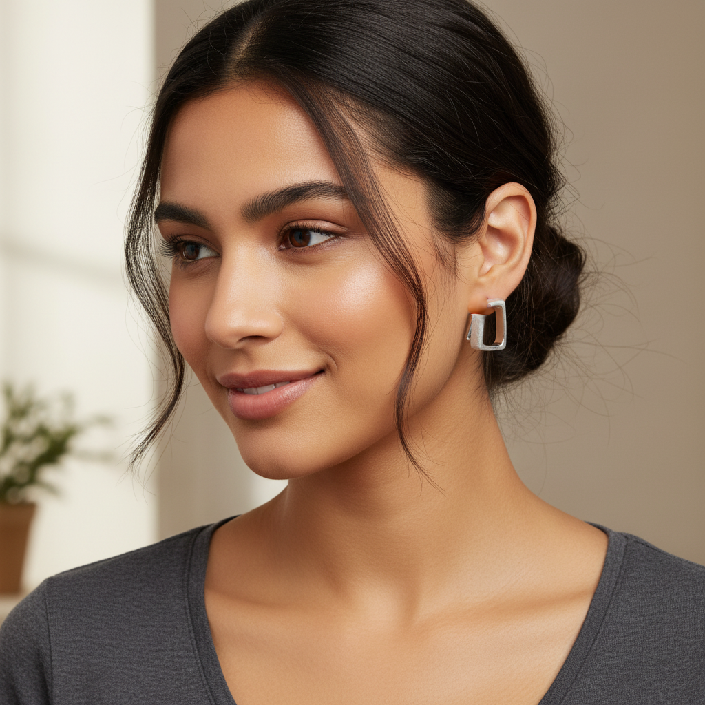 Model wearing CE Collection silver plated copper square hoop earrings with a modern minimalist design
