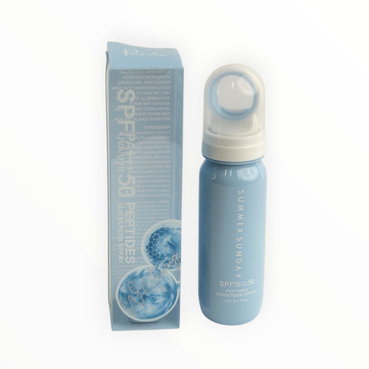 CE Collection SPF 50 peptides sunscreen spray in a light blue 100ml bottle with matching product packaging box