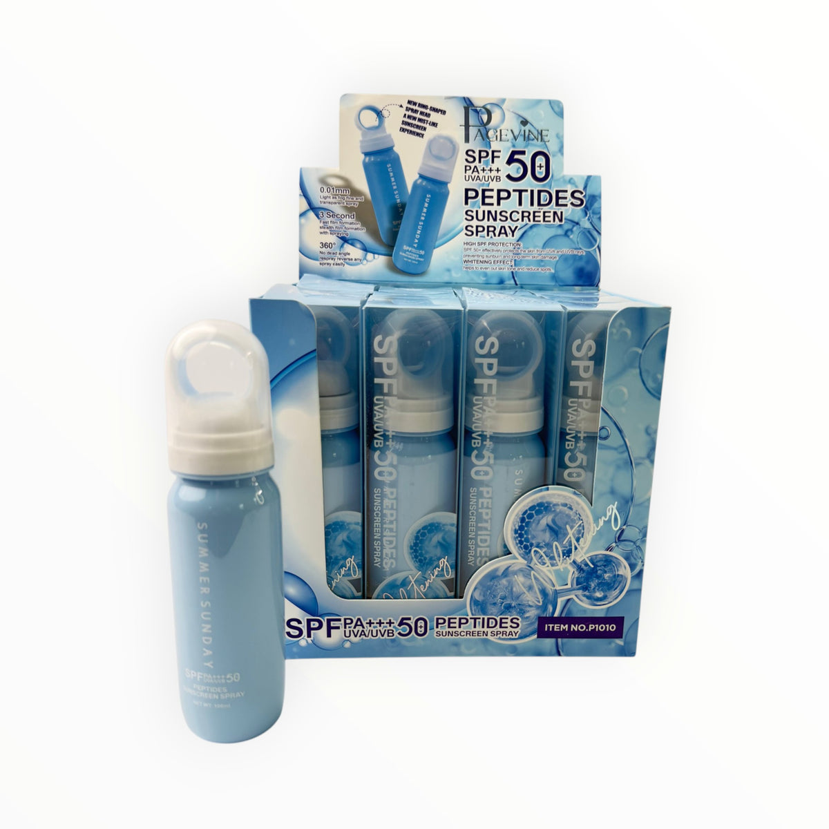CE Collection SPF 50 peptide sunscreen spray bottles in a 12-pack display box with blue packaging