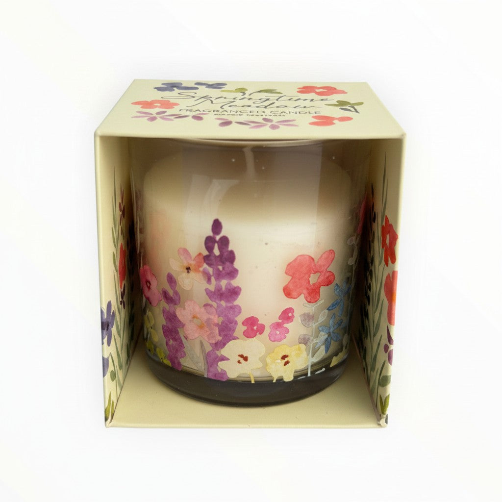 CE Collection Springtime Meadow scented candle in a glass jar with watercolor floral print inside a matching box.