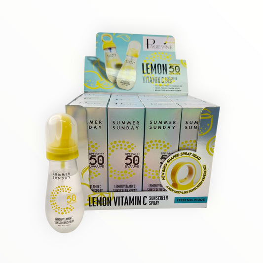 CE Collection Vitamin C SPF 50 sunscreen spray bottles in a display box with lemon branding and ring-shaped nozzle