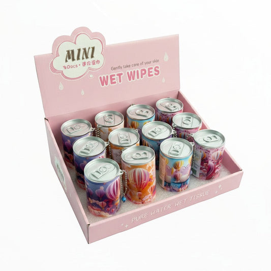 CE Collection mini wet wipes in soda can packaging with hot air balloon designs. 12 count box.