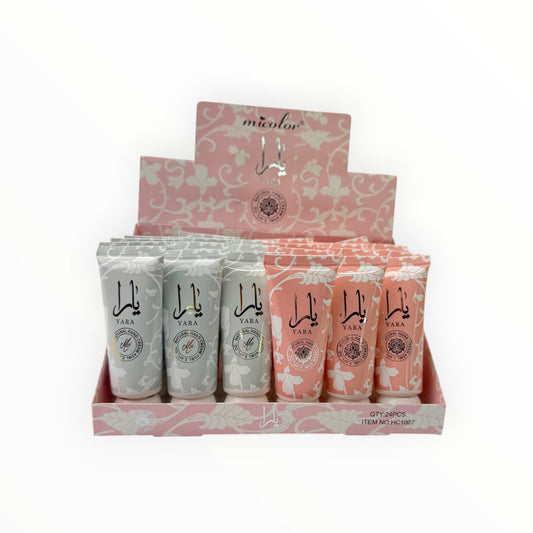 CE Collection Yara hand cream display box featuring 24 tubes in soft grey and pink floral packaging