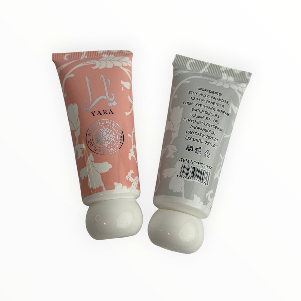CE Collection Yara hand cream tubes in peach and grey with floral patterns, showing front and back ingredient labels.